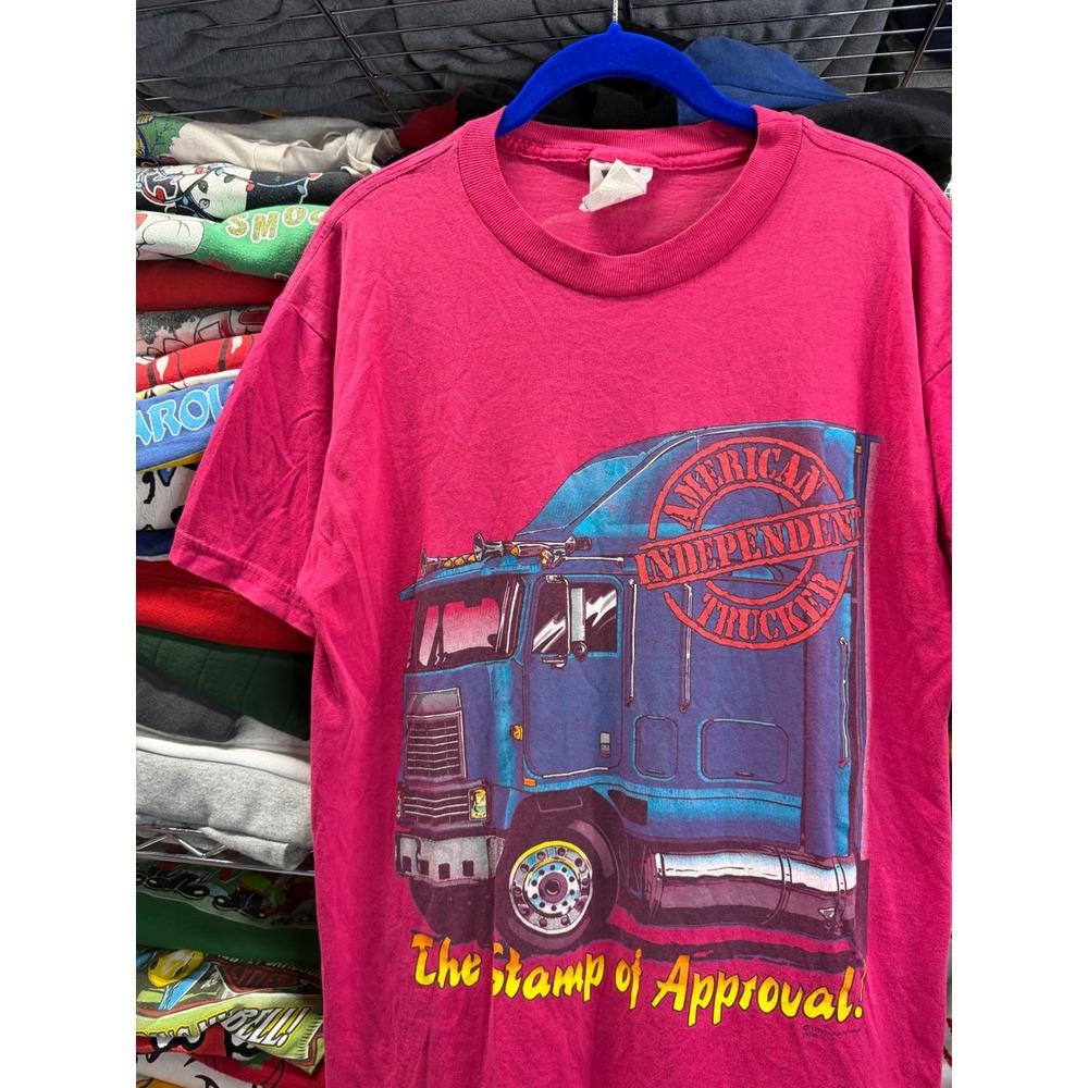 Vintage SSI American Independent Trucker Shirt Pink 90s Semi Truck Mens L 20x29